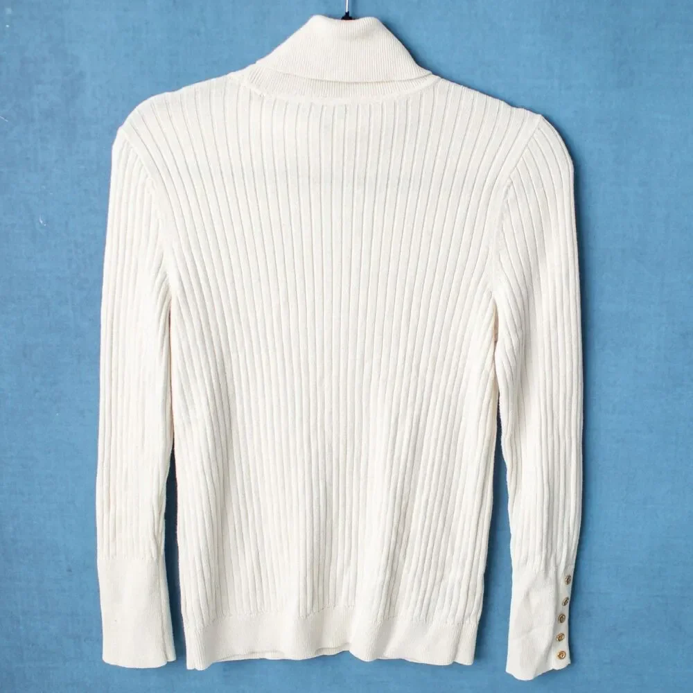 Talbots Petites Medium Women's Ivory Ribbed Turtleneck Sweater Gold Button Cuffs